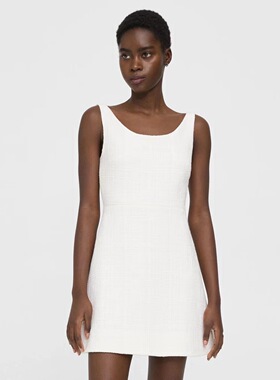 TH圆 白色编织呢小香风无袖连衣裙 全衬 法式复古背心裙 短款