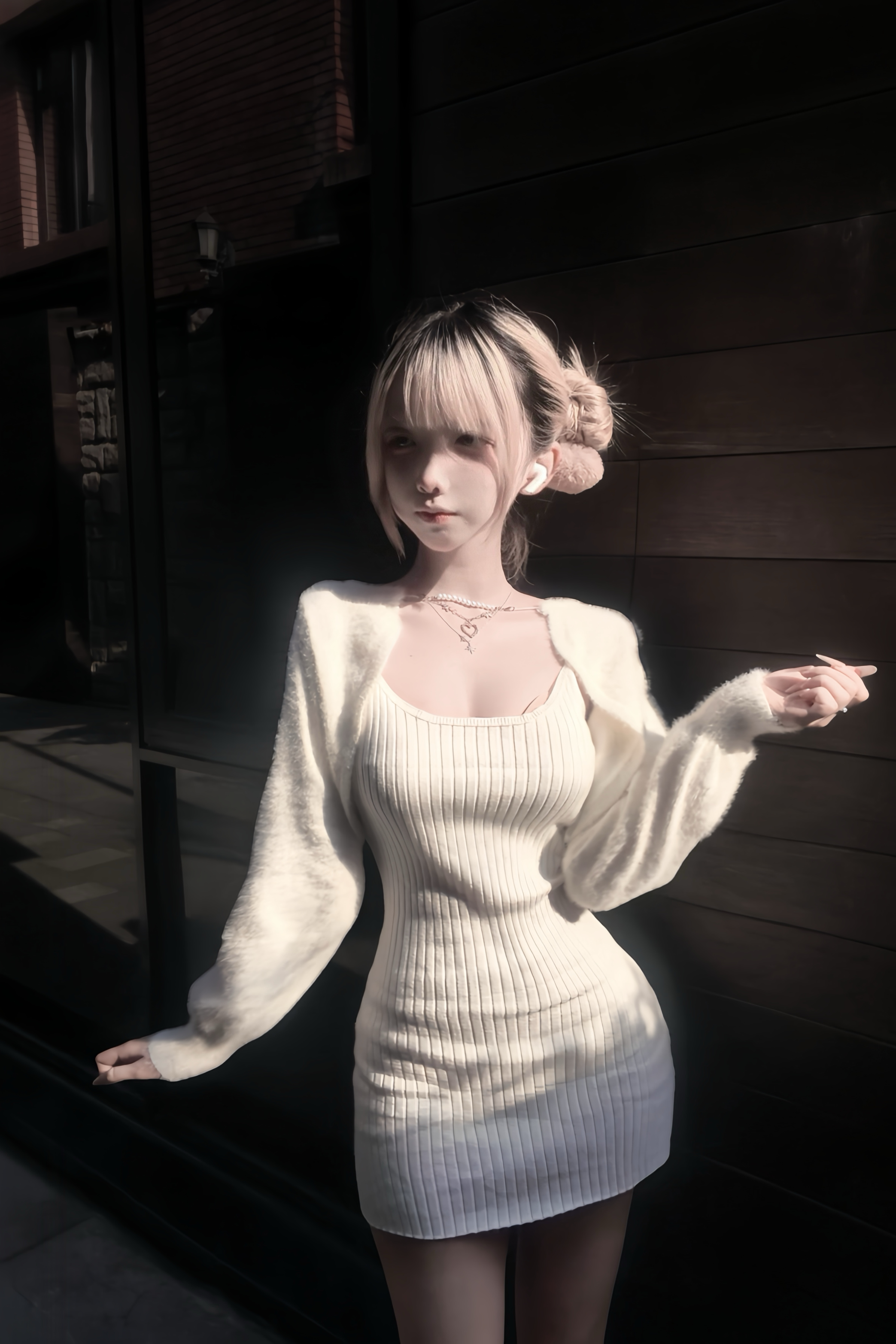 崩坏兔偶原创 清楚系 针织开衫包臀裙 收腰  纯白 千鸟格