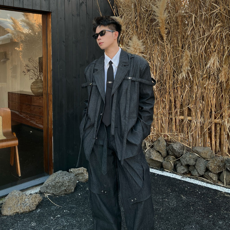 法式织带解构金属西服套装西装男