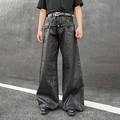 双腰头涂层油蜡阔腿裤拖地牛仔裤