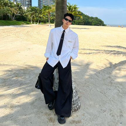 BLACKMAGAZINE小众设计后背刺绣极简纯色秋衬衫男高级感外套长袖