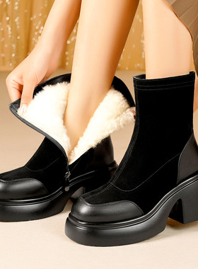 马丁靴厚底瘦瘦靴高跟短靴黑色气质中筒羊毛靴子女士加绒棉鞋女靴