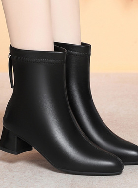 软底秋冬软皮白色方头短靴女后拉链粗跟软皮瘦瘦靴裸靴子中跟单靴