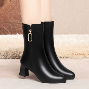 棉靴加绒 粗跟女靴冬季 保暖高跟中筒靴女士时装 靴加绒显瘦妈妈时尚