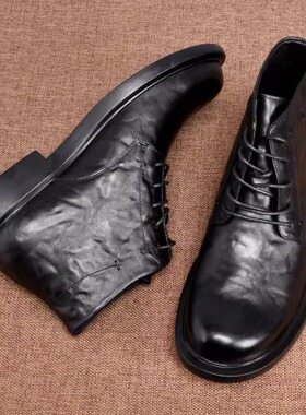 新款男士皮秋季马丁靴休闲时尚短靴圆头中帮黑色潮流加绒靴皮靴