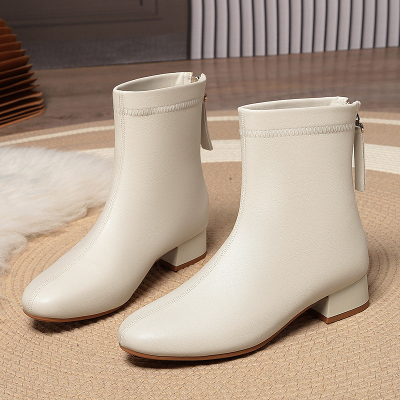 粗跟圆头马丁靴中年妈妈鞋加绒短