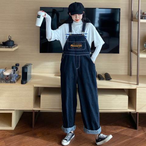 春季2023新款时尚韩版ins背带裤宽松直筒阔腿牛仔裤女学生裤子潮