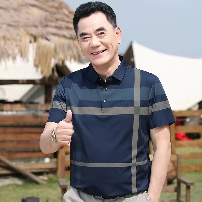 新款男士短袖T恤中年爸爸冰丝夏装上衣翻领男式打底t恤POLO衫