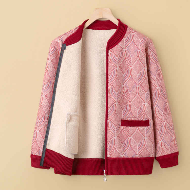 中老年女秋冬款妈妈加绒加厚针织衫毛衣保暖上衣奶奶装羊羔绒