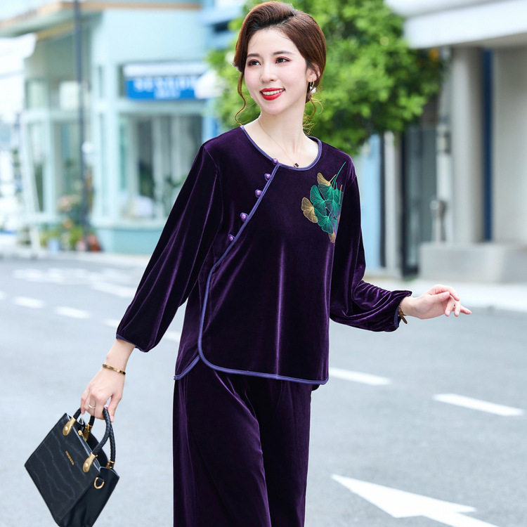 中老年春秋时尚洋气中式两件套妈妈秋装金丝绒套装女装2024新款