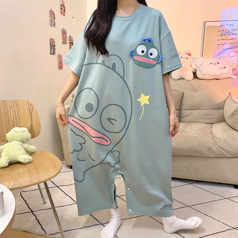 连体睡裙女夏季纯棉情侣加肥大码胖MM200斤卡通可爱睡衣家居裤裙