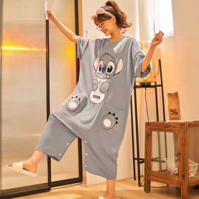 夏季纯棉连体睡衣男女短袖睡裙可爱宽松加肥加大码200斤家居服装