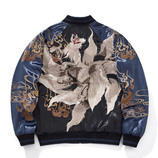 春秋季新款横须贺重工九尾狐刺绣夹克棒球服外套男女上衣缎面国潮