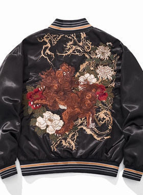 春秋季重工麒麟刺绣夹克棒球服男士绣花外套上衣中国风黑色百搭潮