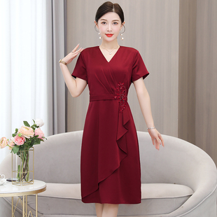 妈妈婚宴装红色连衣裙女2026春夏秋新款年轻喜婆婆显瘦结婚礼服裙