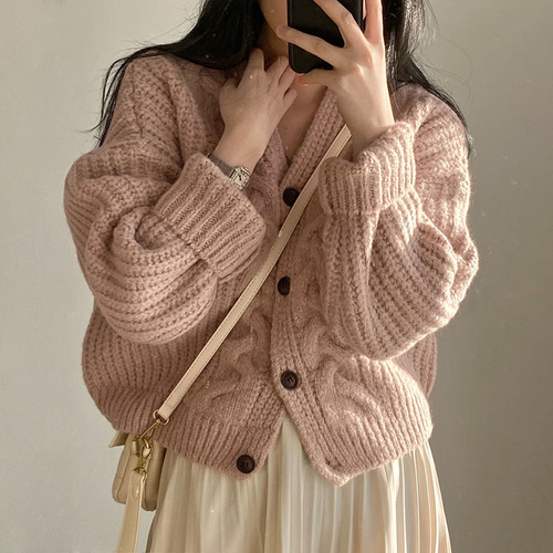 Korean chic autumn and winter retro lazy style aging leisure fried dough twist loose versatile sweater cardigan short coat women