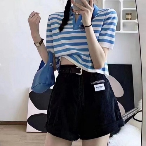 Korean version 2022 summer new striped polo shirt Lapel small slim fit short sleeve sweater women's top