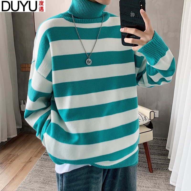 条纹长岭高龄情侣高领毛衣套装款保暖oversize冬天高翻领加厚宽松