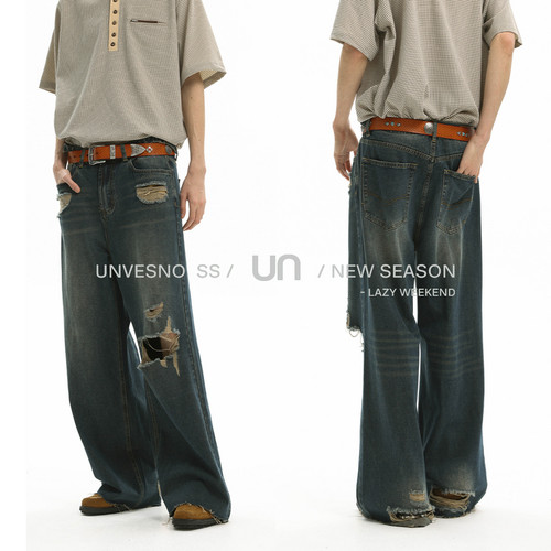 【洗水做旧】Unvesno(UN) New Vintage宽松破洞可调节丹宁牛仔裤