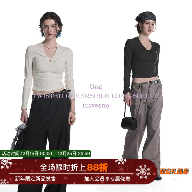 Unvesno(UN)老钱两穿扭结堆叠提花坑条正肩修女生身长袖上衣