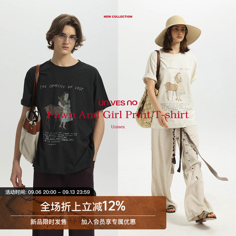 Unvesno(UN)复古小鹿女孩手绘印花精梳彩纱肌理短袖T恤图片