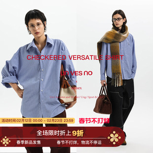 Unvesno(UN)百搭miu风高级感双人舞刺绣蓝格休闲衬衫秋 男女同款