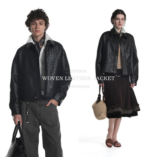 【编织纹理】Unvesno(UN)意大利高级保暖皮革短阔夹克编织外套秋