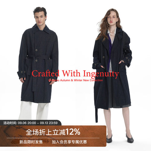 【配套腰带】Unvesno(UN)中古侈级结构西装亚麻混纺牛仔风衣外套
