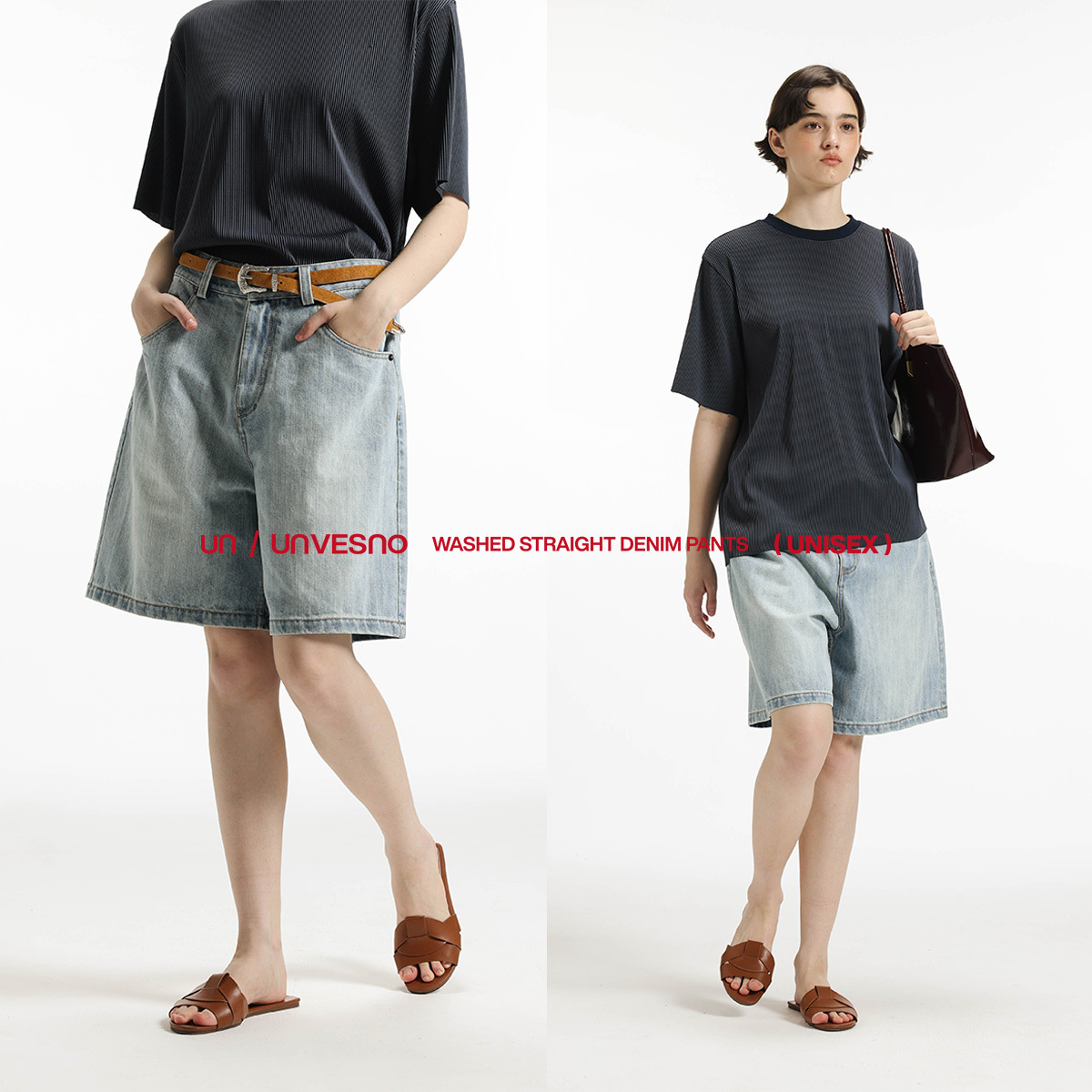 Unvesno(UN)浅蓝水洗百搭休闲做旧宽松基础牛仔五分中裤