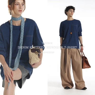 【酵漂洗水】Unvesno(UN)老钱风牛仔针织竹节纹薄款肌理圆领长袖