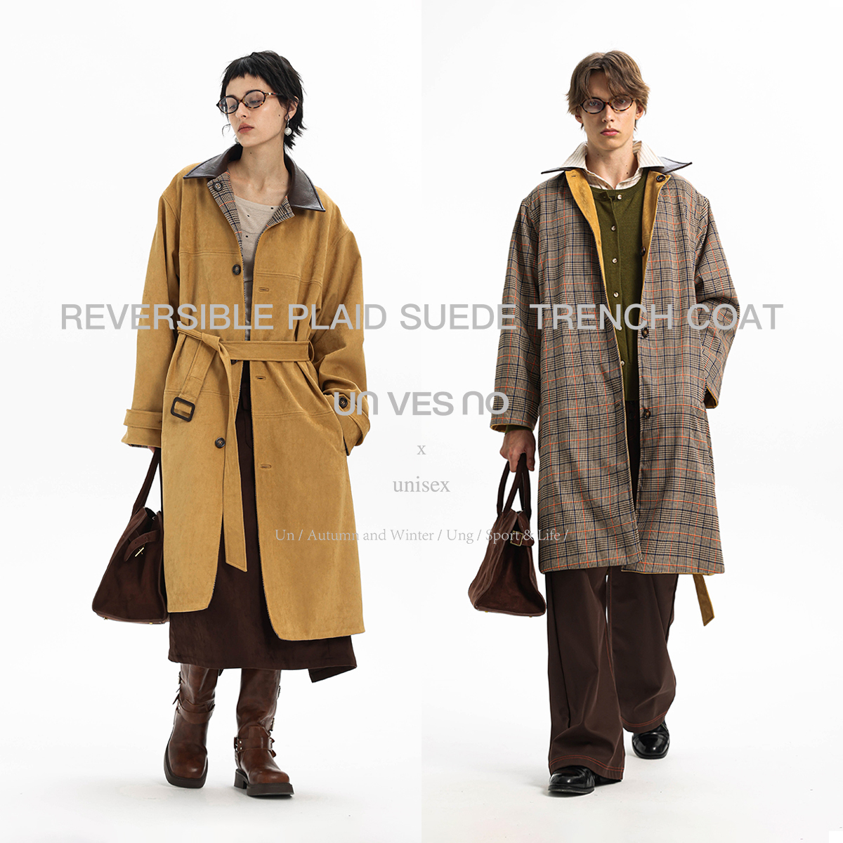 【双面穿】Unvesno(UN) 中古复古定制格纹单排扣麂皮廓形风衣大衣