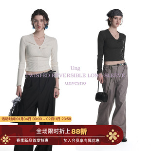 Unvesno(UN)老钱两穿扭结堆叠提花坑条正肩修女生身长袖上衣