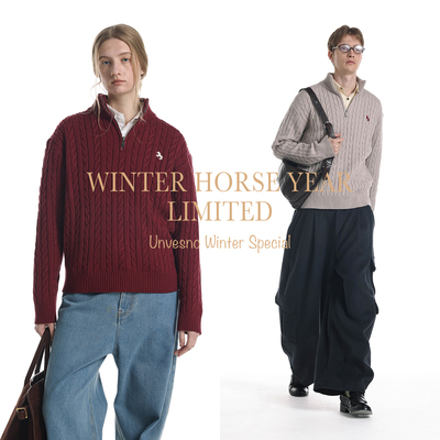 【马年限定 混纺羊毛】Unvesno(UN)RL马标刺绣绞花半拉链立领毛衣