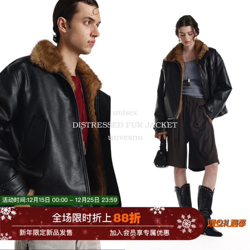 【皮毛一体】Unvesno(UN)斯拉夫皮草领座山雕重磅贵气短保暖夹克