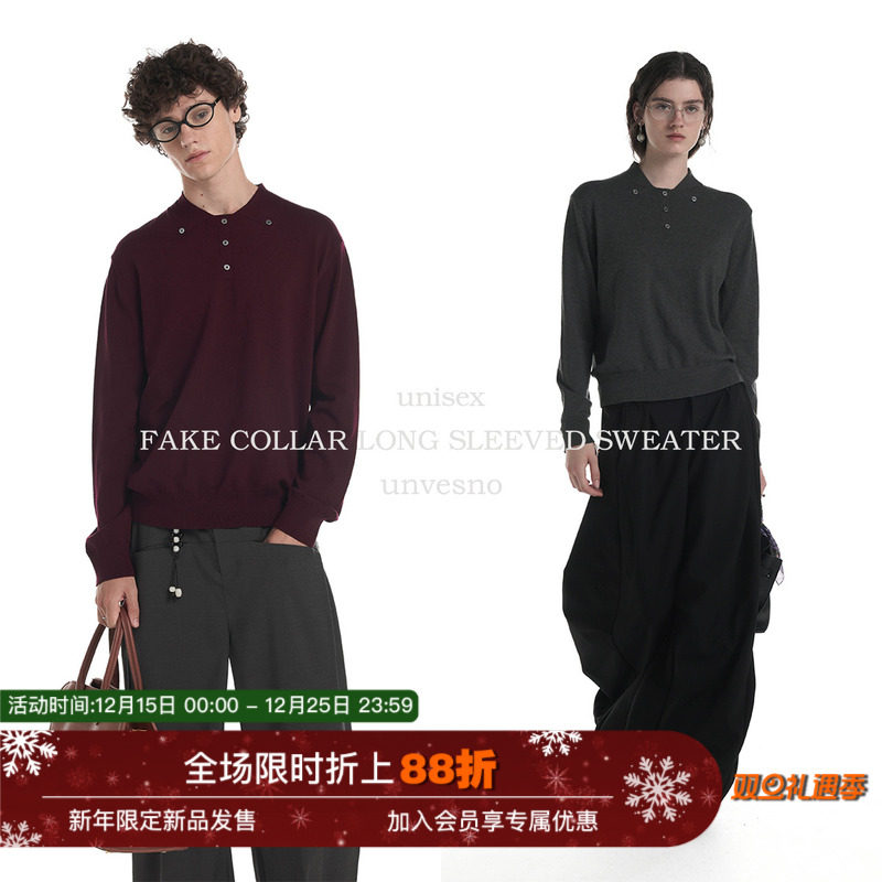【100%莱赛尔】Unvesno(UN)老钱Pra风假翻领毛织百搭polo衫毛衣秋