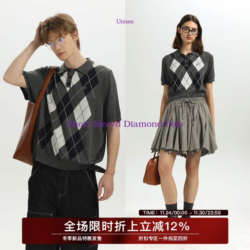 Unvesno(UN)MIU系格雷风复古学院菱格纹刺绣针织POLO毛衣背心秋季