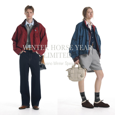 【马年限定 双面穿】Unvesno(UN)怀旧红洗褪马年满印皮领短阔夹克