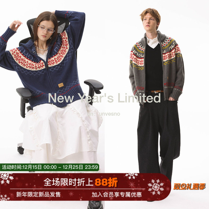 Unvesno(UN)新年限定费尔岛800克复古高领拉链保暖冬季开衫毛衣