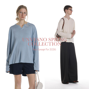 【极简静奢】Unvesno(UN)老钱风小V领亚麻莱赛尔棉混纺长袖T恤