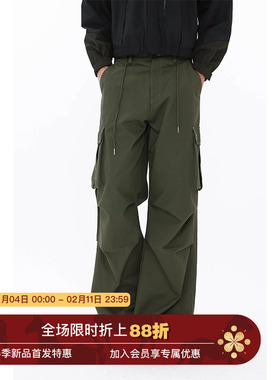 Unvesno(UN) 秋季新品宽松抽绳口袋双折工装降落伞裤伞兵裤