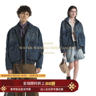 【复古做旧】Unvesno(UN)水洗立领保暖插肩廓形牛仔夹克短廓外套