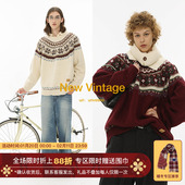 Unvesno 厚毛衣保暖 费尔岛复古色提花圆领针织衫 易烊千玺同款