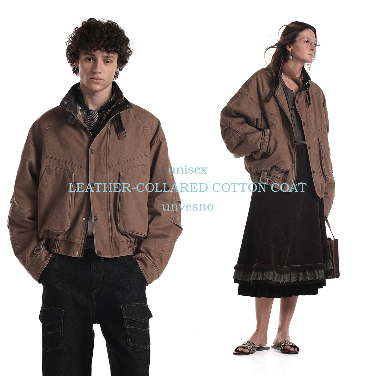 【多结构分割】Unvesno(UN)巴恩风复古洗褪皮领拼接短廓棉服保暖