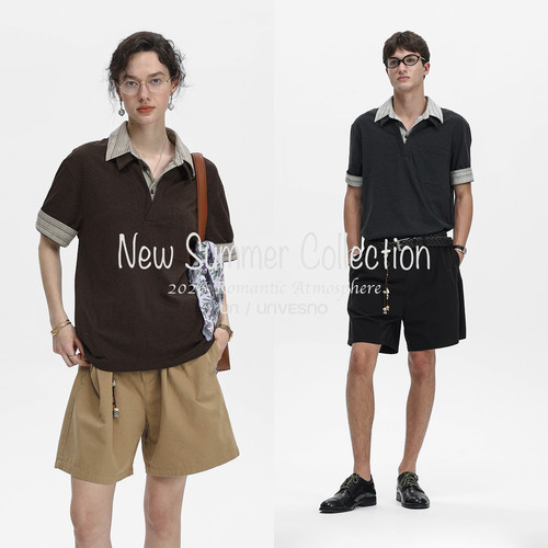 Unvesno(UN)Softfit老钱风翻领假两件拼接色织口袋条纹短袖polo衫