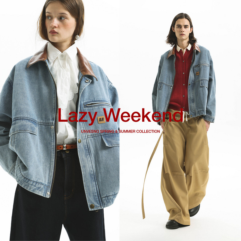 Vintage复古皮领重工浅蓝