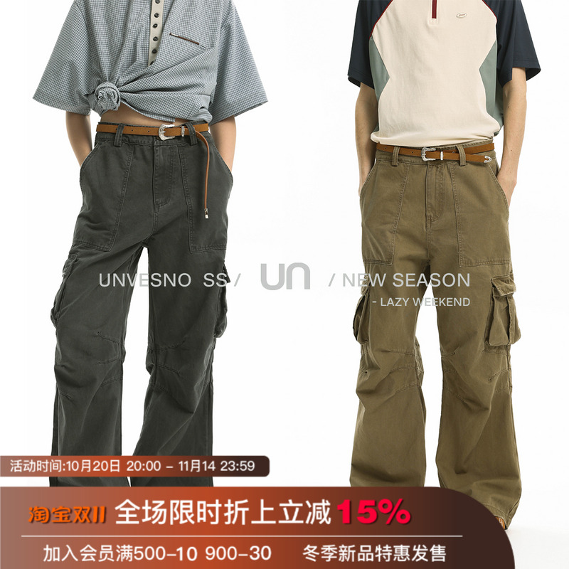 Unvesno(UN)废土风洗褪磨边多口袋阔腿裤收褶微喇工装裤 明星同款