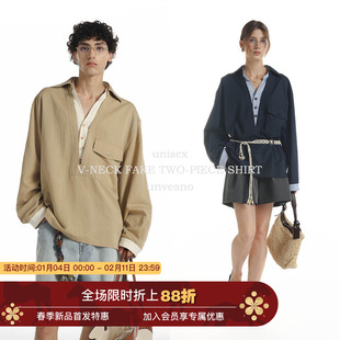 Unvesno(UN)老钱莱赛尔天丝V领假两件撞色宽松休闲长袖衬衫