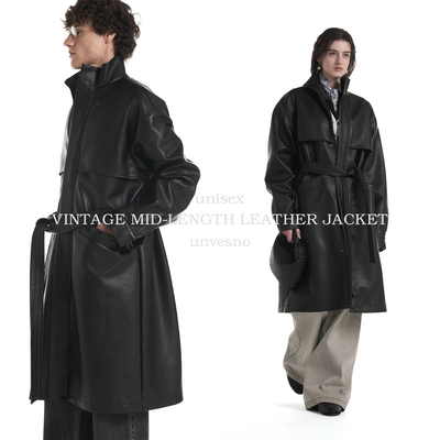 【配腰带】Unvesno(UN)查理战壕仿真皮古着翻领中长款皮革风衣秋