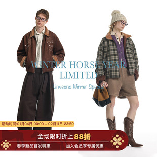 【马年限定 双面穿】Unvesno(UN)马头刺绣仿骆马绒拼格纹短阔夹克