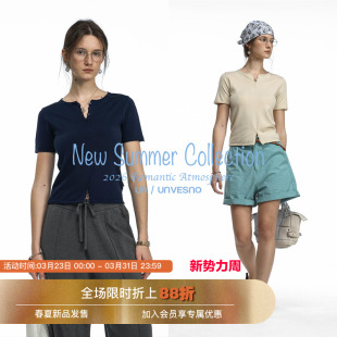 Unvesno 100%莱赛尔修身 短袖 纽扣开衩 针织女款 针织衫 卷边